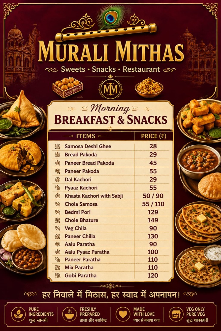 Murli Mithas morning breakfast and snacks menu board