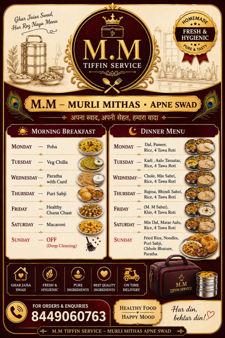 M.M Tiffin Service weekly breakfast and dinner menu